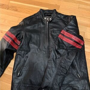 Men's Black Leather Jacket with Red Stripes